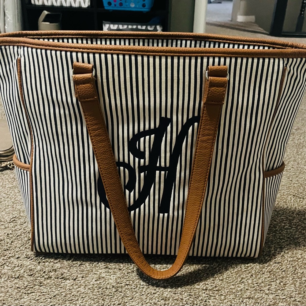 Thirty One Striped Tote Bag with Brown Handles